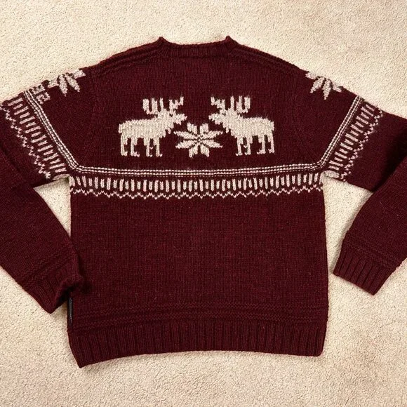 ABERCROMBIE & FITCH Hand Knit Sweater Men’s Large 100% Wool Fair Isle Moose - Picture 8 of 9